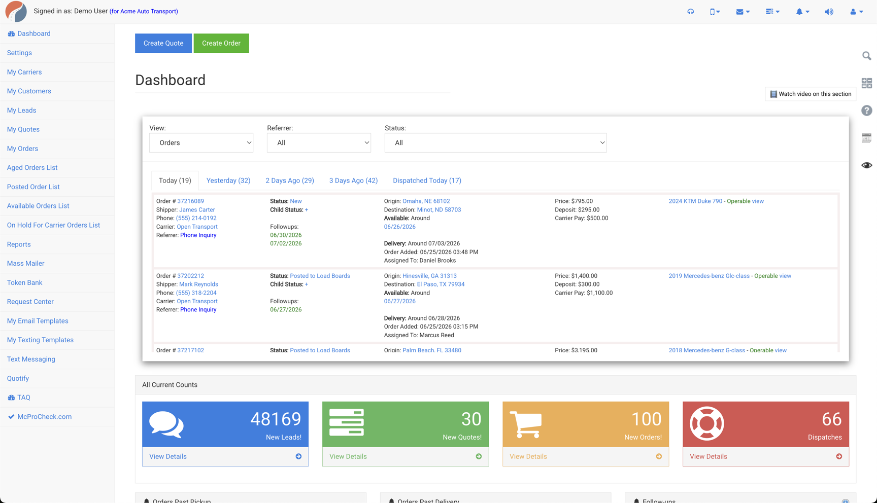 ProABD dashboard — orders, quotes, dispatch and follow-ups in one view